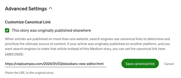 A screenshot of a webpages advanced settings showing the option to customize a canonical link, along with a URL entry.