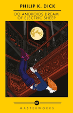 A person is seemingly falling upside-down in front of a staircase with a full moon in the background on the cover of Do Androids Dream of Electric Sheep by Philip K. Dick.
